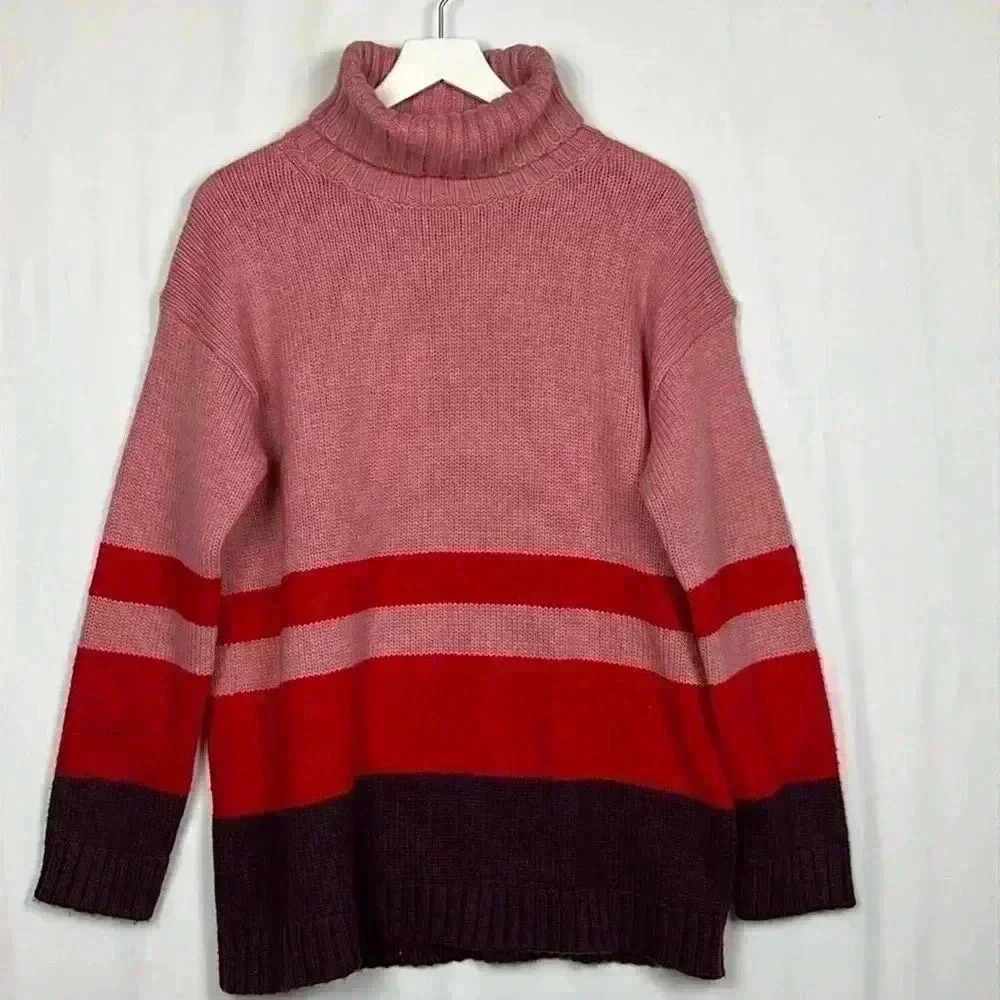 Ann Taylor Womens Knit Tunic Red/Pink/Brown Turtleneck Raglan Sleeve Soft Casual